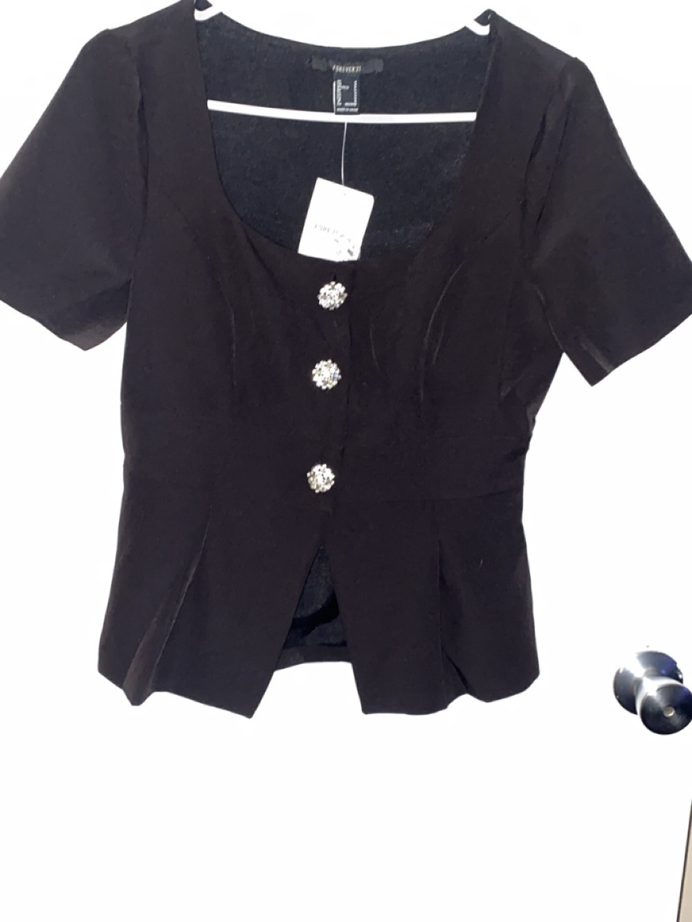 Forever 21 Black Short-Sleeve Blouse with Jeweled Buttons